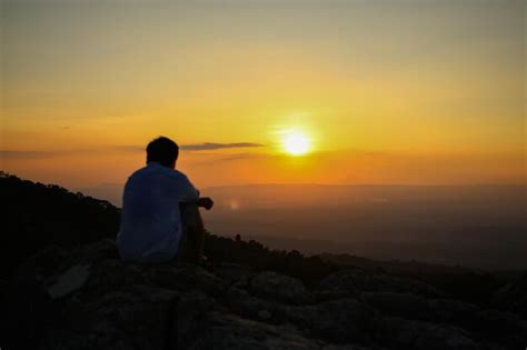 Premium Photo | Rear view of man sitting on rock at sunset