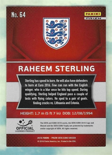 RAHEEM STERLING 2016 PANINI PRIZM SILVER EARLY YR INSERT 64 ENGLAND