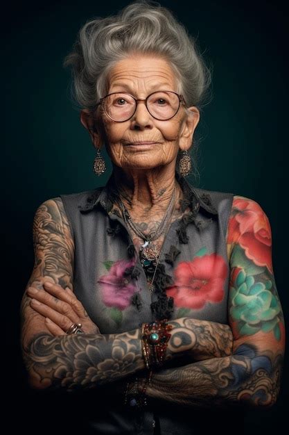 Premium Photo An Older Woman With Tattoos On Her Arms And A Black Dress