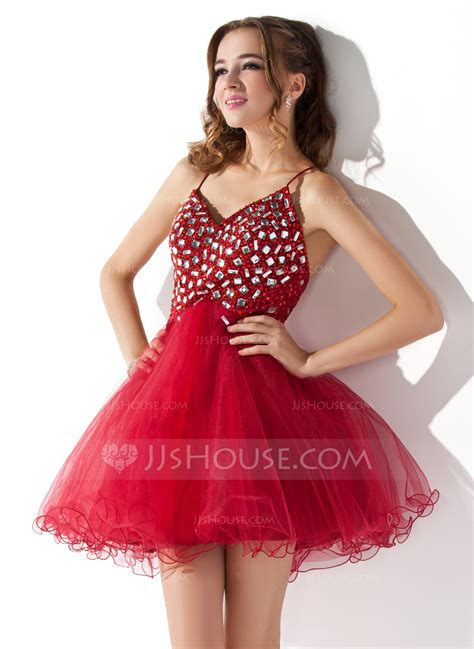 A Line Princess V Neck Short Mini Tulle Homecoming Dress With Ruffle