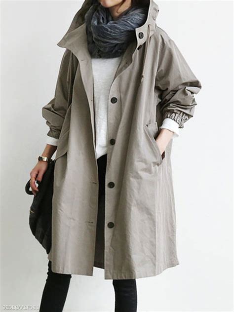 Grey Hooded Long Loose Date Night Button Coat Style V101360 Vedachic