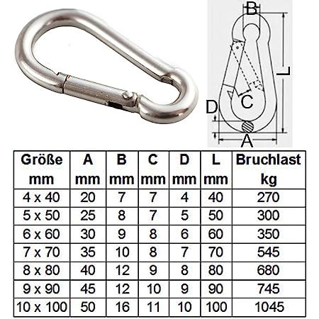 Edelstahl Karabiner 2 Stück 230 kg Tragkraft Größe 80x8mm