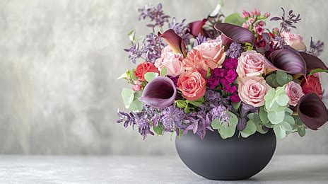 Arrangement Of Dark Red And Pink Flowers Including Calla Lilies Roses
