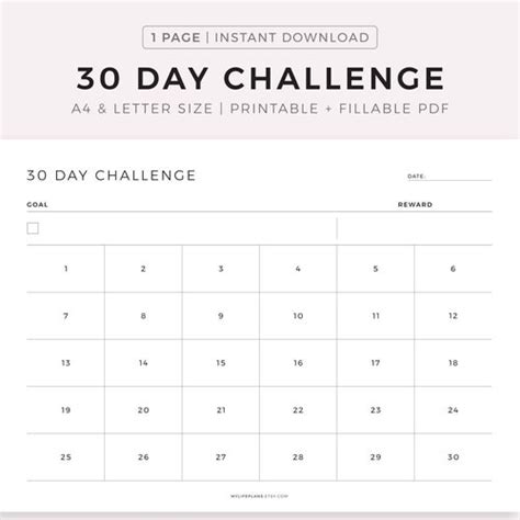 30 Day Challenge Tracker Printable Landscape Sheet Goal Etsy