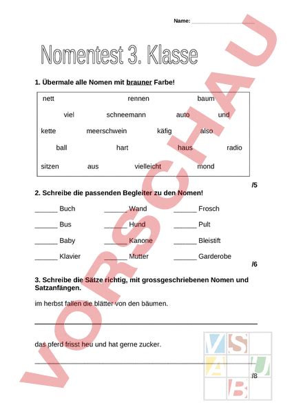 Nomen Erkennen Übungen 3 Klasse Wortarten Sprache Untersuchen