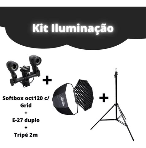 Kit Godox Softbox Octabox 120cm Grid E27 Duplo Tripé Parcelamento