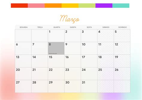 Calendario Mensal Listras Coloridas Marco Fazendo A Nossa Festa