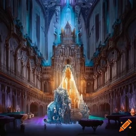 Fantasy Art Of A Grand Castle Hall With Magical Crystals On Craiyon