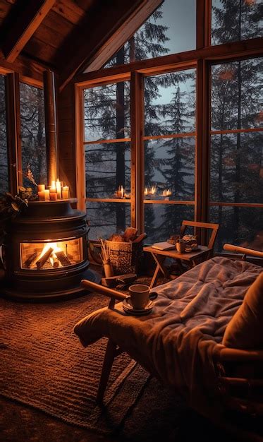 Cozy cabin at night romantic atmosphere warm fireplace | Premium AI ...