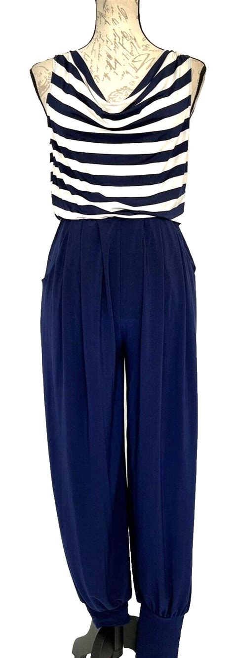 Nikki Poulos Womens Navy Blue White Jumpsuit Sleevel… Gem