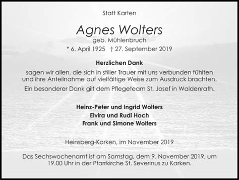 Traueranzeigen Von Agnes Wolters Aachen Gedenkt