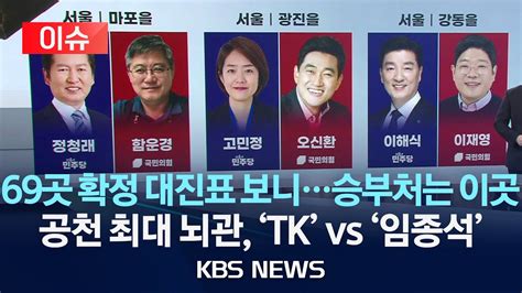 이슈 69곳 확정 대진표 보니승부처는임종석 공천 놓고 친명 Vs 친문 전운현역 불패 국민의힘 Tk 경선