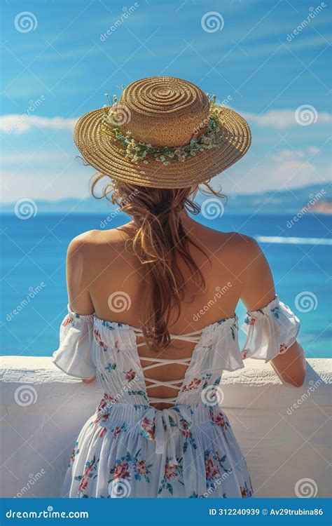 Beach Vacation Woman In Sunhat Standing And Looking View Of Beach Ocean