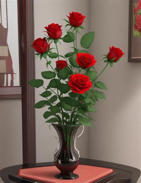 A Vase Of Red Roses On A Table With A Picture Of A Woman Premium Ai