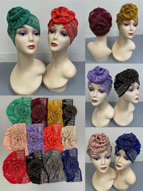 Hot Rhinestones African Gele Turban Cap Hijab Caps Headtie Already Made