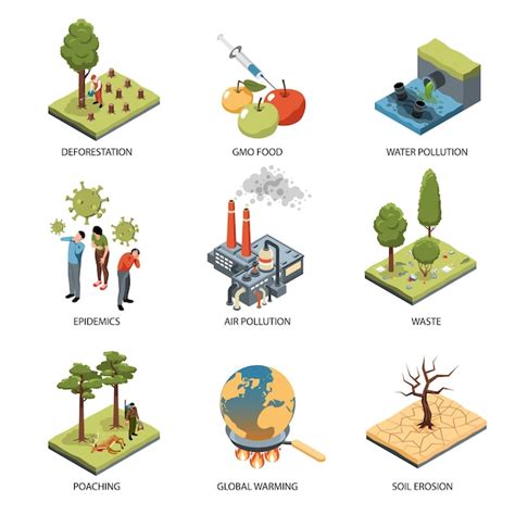 Free Vector Isometric Global Environmental Problem Icons Set With