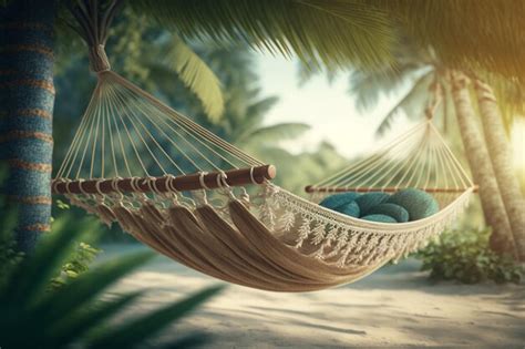 Premium Ai Image A Hammock Between Two Palm Trees On A Beach