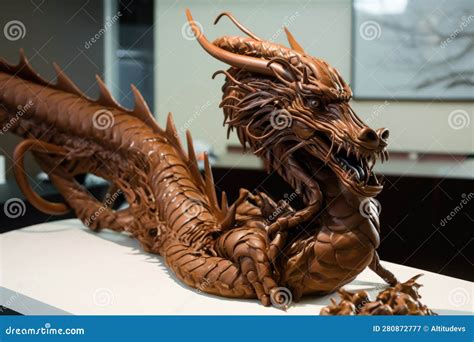 Chocolate Sculpture Of A Dragon With Intricate Details And Flowing