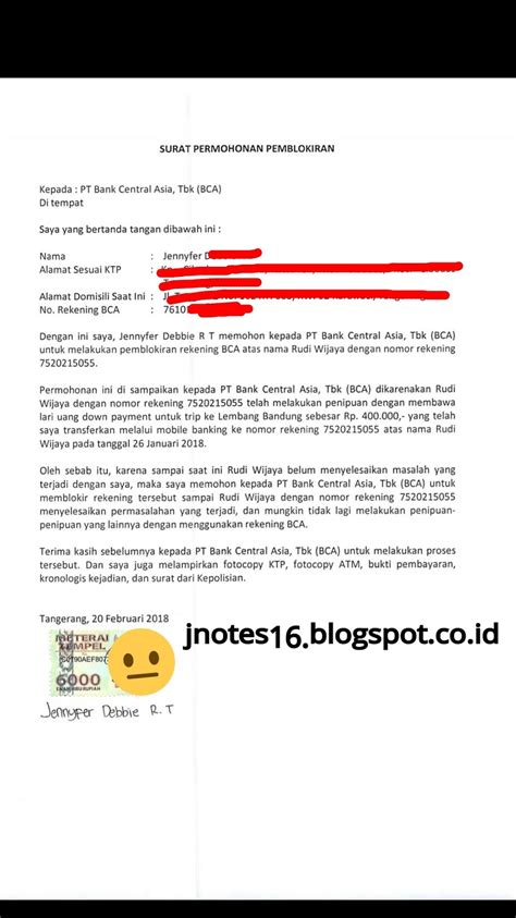 Contoh Surat Permohonan Pemblokiran Rekening Belajarsoalletter