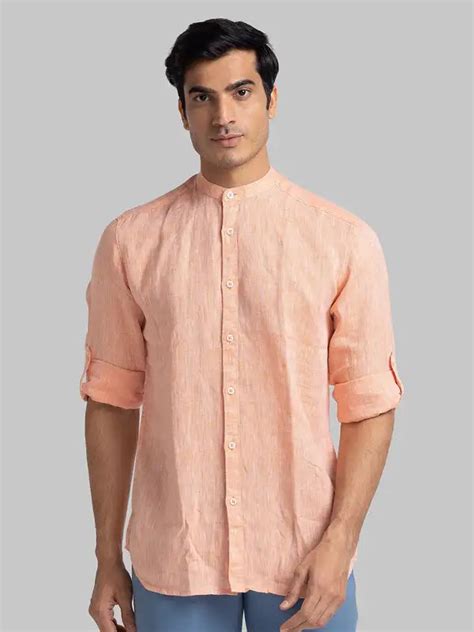 Men Orange Slim Fit Solid Linen Full Sleeve Shirts Myraymond