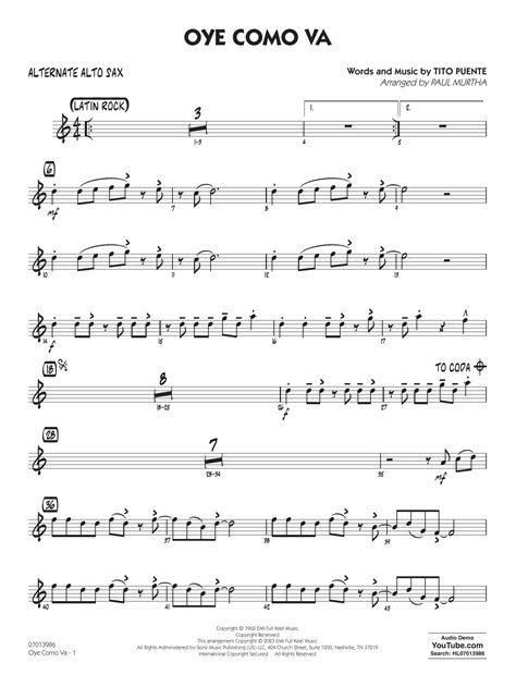 Oye Como Va Arr Paul Murtha Alternate Alto Sax Sheet Music Tito Puente Jazz Ensemble