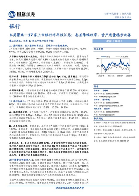 本周聚焦—17家上市银行半年报汇总：息差降幅收窄，资产质量稳步改善