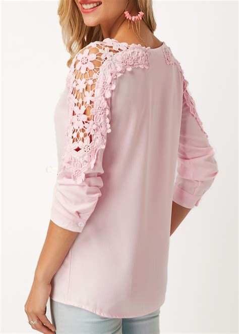 Long Sleeve Lace Panel Pink Blouse Rosewe USD 26 36 Blusas