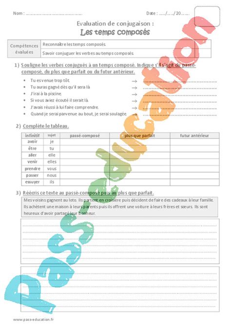 Temps simples et temps composés CM2 Cycle 3 Exercice évaluation