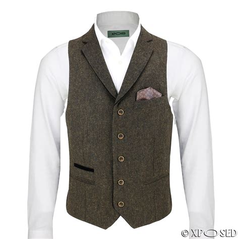 New Mens Wool Mix Herringbone Tweed Vintage Collar Waistcoat Tailored