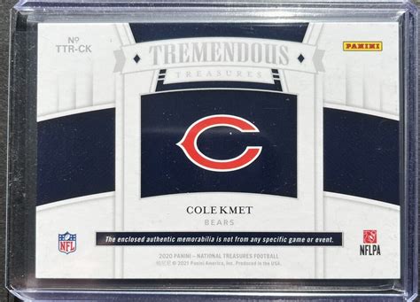 Cole Kmet Panini National Treasures Tremendous Rookie Rc Patch D