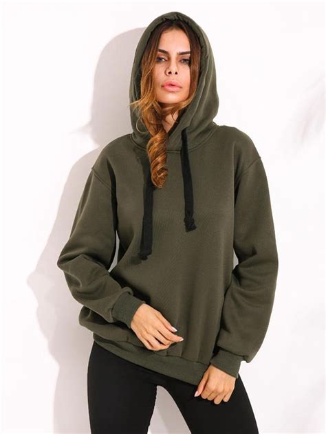 Casual Women Hooded Long Sleeve Drawstring Solid Color Sweatshirt