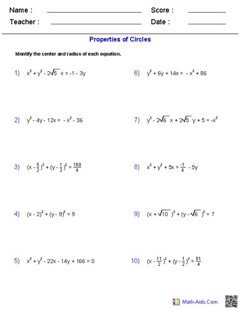 Algebra 2 Worksheets | Conic Sections Worksheets