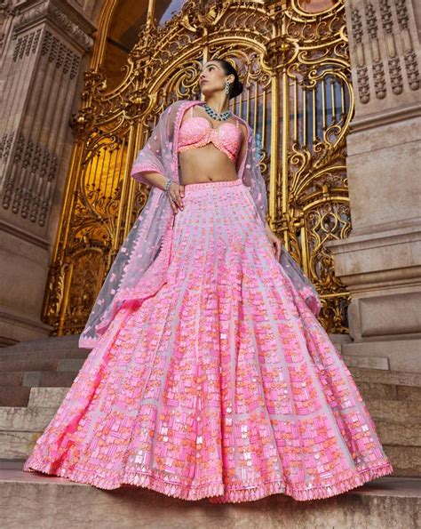 Neon Peach Pink Sequin Lehenga Set Pink Sequin Lehenga Sequin