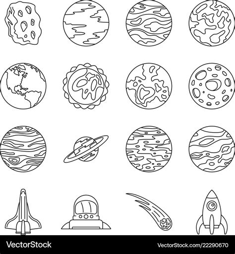 Solar System Planets Icon Set Outline Style Vector Image