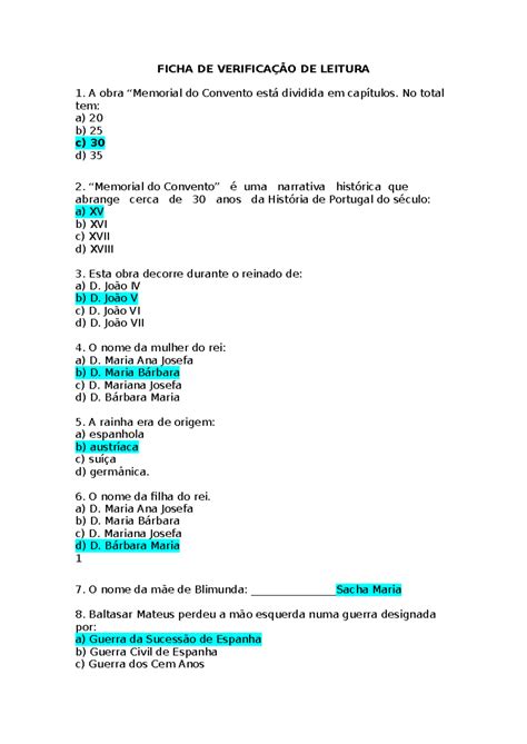 Ficha De Verifica O De Leitura Ficha De Verifica O De Leitura A