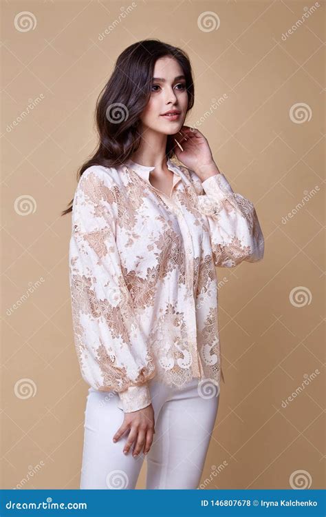 Beautiful Woman Fashion Glamour Model Brunette Hair Makeup Wear Silk Blouse Trousers Clothes For