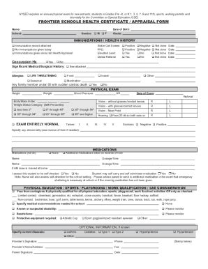 Fillable Online Frontier Schools Health Certificate Appraisal Fax