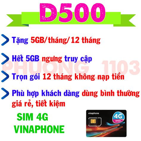 Sim 4g vinaphone gói D500 5 05gb tháng 12 tháng trọn gói không cần nạp