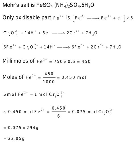 The Mass Of Potassium Dichromate 294 G Mol Required To Oxidise 750 Cm3