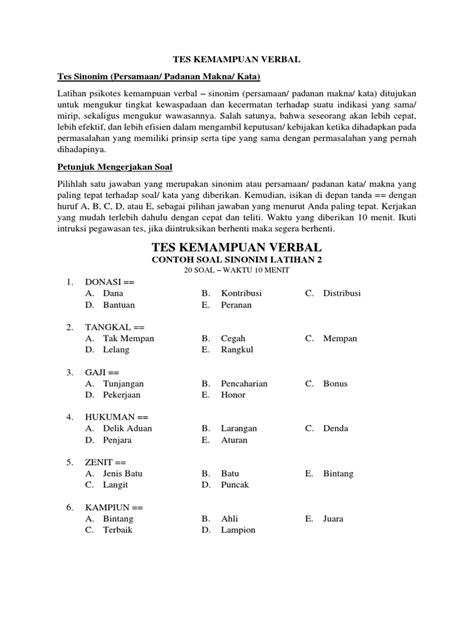 Tes Kemampuan Verbal Contoh Soal Sinonim Latihan 2 Pdf