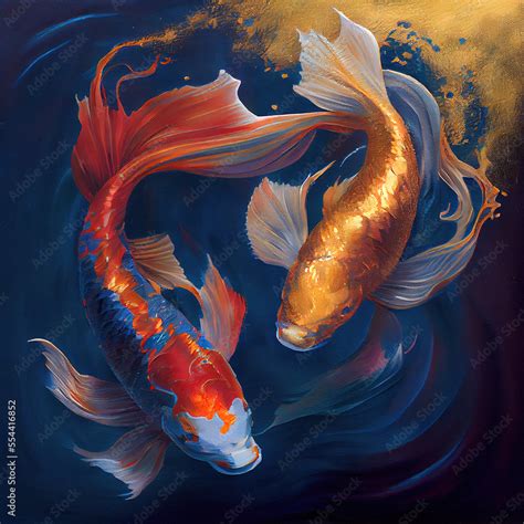 Oil Painting Of Two Koi Fish Circling Like Yin And Yang Patterns Two