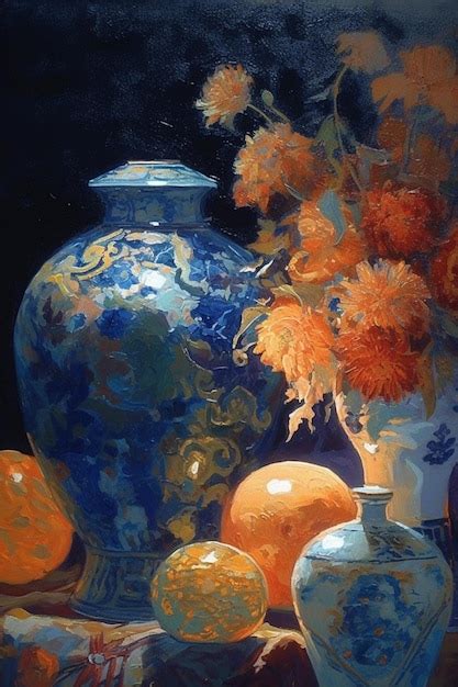 Premium Ai Image A Painting Of A Vase With Oranges And Flowers On It