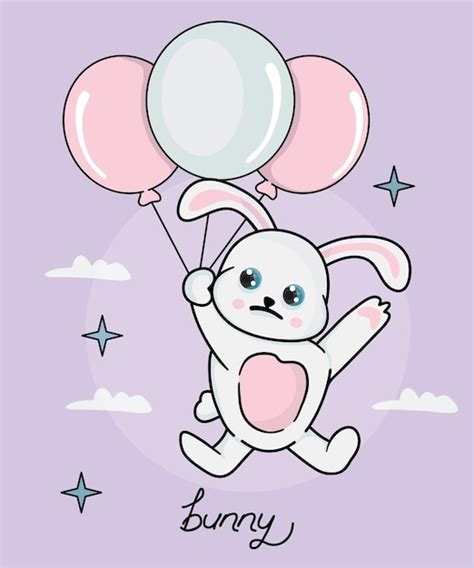 Conejito De Dibujos Animados Volando Globo Emocionante Vector Premium