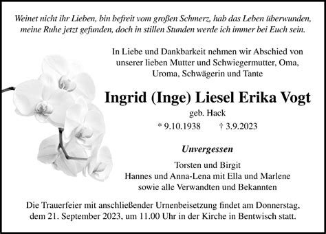 Traueranzeigen Von Ingrid Liesel Erika Vogt Trauer Anzeigen De