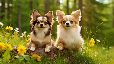 Premium Ai Image Two Chihuahuas Sitting On A Log In A Field Of Flowers