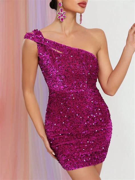 Style FSWD1044 Faeriesty Size S One Shoulder Sequined Hot Pink Cocktail