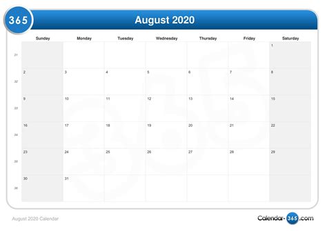 August 2020 Calendar