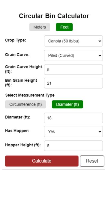 Round Grain Bin Calculator BinCalc Apps Web