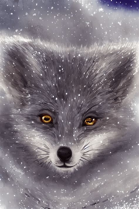 Cute Adorable Silver Fox Detailed Christmas with Glittery Snow in Digital Painting Hyper ...