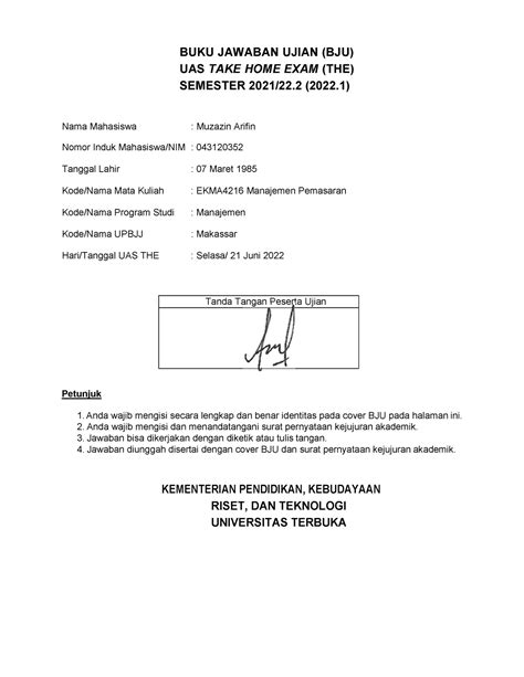 Ekma Manajemen Pemasaran Tanda Tangan Peserta Ujian Buku Jawaban